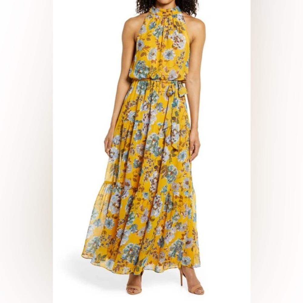 NWT Floral Halter Neck Maxi Dress Yellow Julia Jordan wedding guest dress Size 8